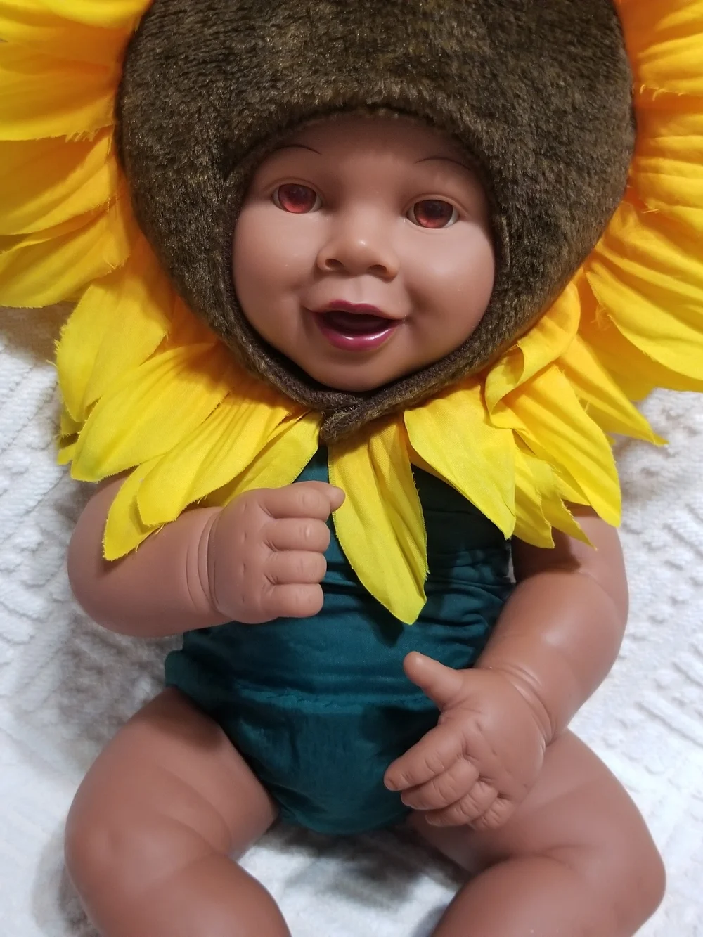 Vintage Anne Geddes Baby Doll With Yellow & Green Sunflower Costume & Headpiece